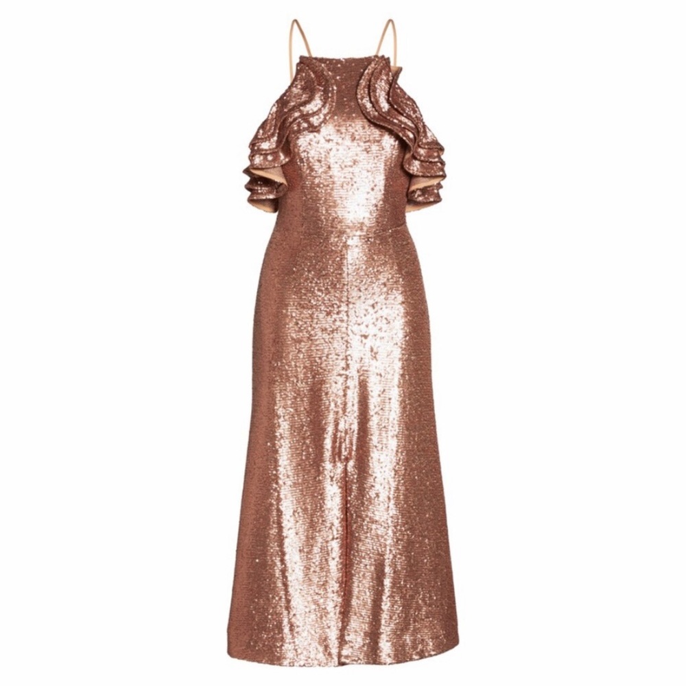 NEW C/MEO COLLECTIVE SEQUIN RUFFLE MIDI DRESS - Picture 8 of 9